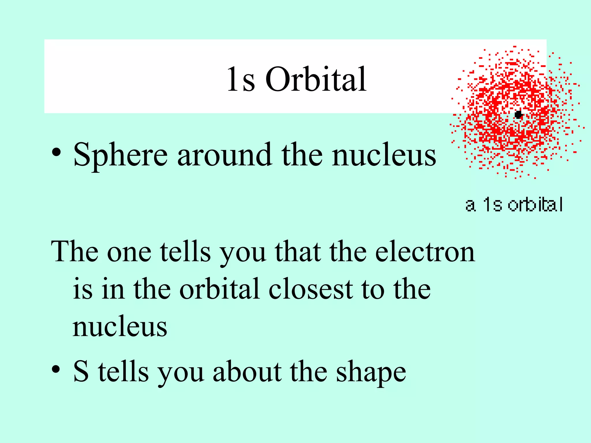 1s Orbital
• Sphere around the nucleus
The one tells you that the electron
is in the orbital closest to the
nucleus
• S tells you about the shape
 