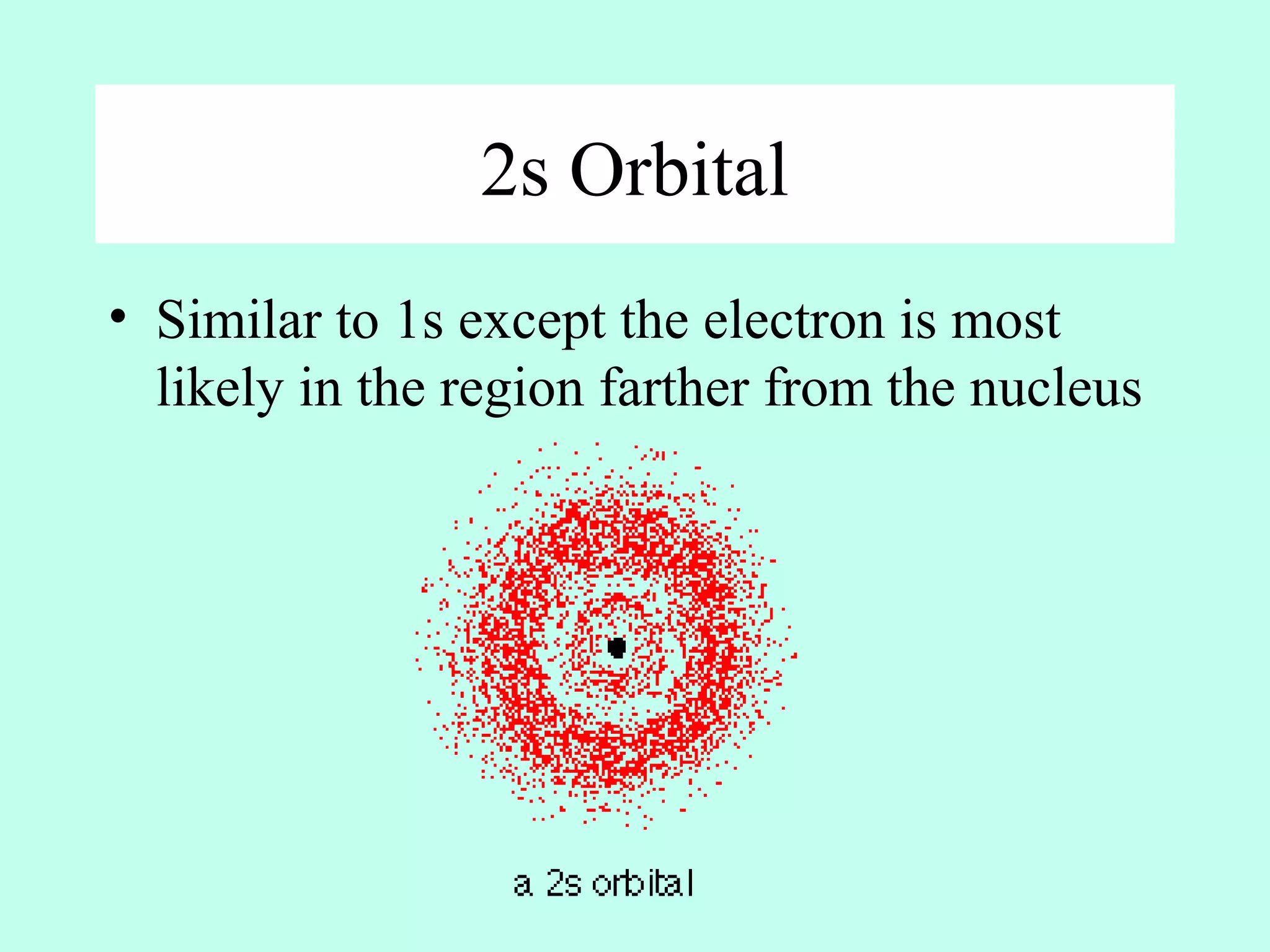 2s Orbital
• Similar to 1s except the electron is most
likely in the region farther from the nucleus
 