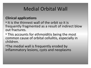 Medial Orbital Wall
Clinical applications
• It is the thinnest wall of the orbit so it is
frequently fragmented as a result of indirect blow
out fractures.
• This accounts for ethmoiditis being the most
common cause of orbital cellulitis, especially in
children.
•The medial wall is frequently eroded by
inflammatory lesions, cysts and neoplasms
 