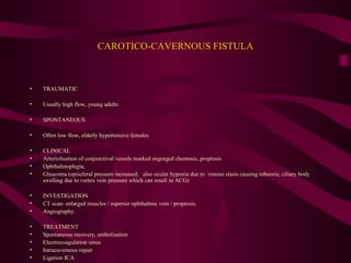 CAROTICO-CAVERNOUS FISTULA TRAUMATIC Usually high flow, young adults SPONTANEOUS Often low flow, elderly hypertensive females CLINICAL Arteriolisation of conjunctival vessels marked engorged chemosis, proptosis Ophthalmoplegia,  Glaucoma (episcleral pressure increased;  also ocular hypoxia due to  venous stasis causing rubeosis; ciliary body swelling due to vortex vein pressure which can result in ACG) INVESTIGATION CT scan- enlarged muscles / superior ophthalmic vein / proptosis. Angiography. TREATMENT Spontaneous recovery, embolisation Electrocoagulation sinus Intracavernous repair Ligation ICA 