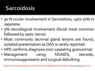 • 30 % ocular involvement in Sarcoidosis, upto 70% in
Japanese
• 5% neurological involvement (facial most common
followed by optic nerve)
• Most commonly lacrimal gland lesions are found,
isolated presentation as OAS is rarely reported.
• HPE confirms diagnosis (non caseating granuloma)
• Management using NSAIDS, steroids,
immunosuppresants and surgical debulking.
Segal et al, Orbital apex lesion as the presenting manifestation of sarcoidosis. J Neuroophthalmol. 2000.
 