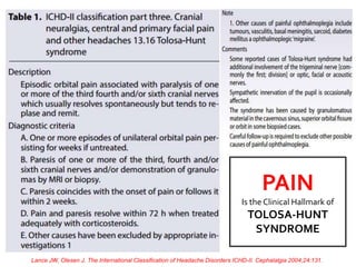 PAIN
Is the Clinical Hallmark of
TOLOSA-HUNT
SYNDROME
Lance JW, Olesen J. The International Classification of Headache Disorders ICHD-II. Cephalalgia 2004;24:131.
 