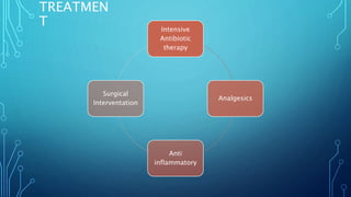 TREATMEN
T Intensive
Antibiotic
therapy
Analgesics
Anti
inflammatory
Surgical
Interventation
 