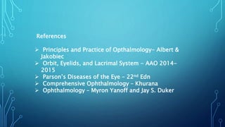 References
 Principles and Practice of Opthalmology- Albert &
Jakobiec
 Orbit, Eyelids, and Lacrimal System - AAO 2014-
2015
 Parson’s Diseases of the Eye – 22nd Edn
 Comprehensive Ophthalmology – Khurana
 Ophthalmology – Myron Yanoff and Jay S. Duker
 