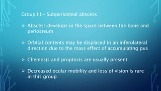 Group III - Subperiosteal abscess
 Abscess develops in the space between the bone and
periosteum
 Orbital contents may be displaced in an inferolateral
direction due to the mass effect of accumulating pus
 Chemosis and proptosis are usually present
 Decreased ocular mobility and loss of vision is rare
in this group
 