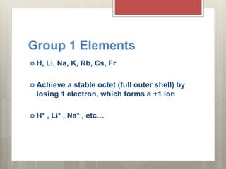 Group 1 Elements
 H, Li, Na, K, Rb, Cs, Fr
 Achieve a stable octet (full outer shell) by
losing 1 electron, which forms a +1 ion
 H+ , Li+ , Na+ , etc…
 