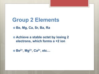 Group 2 Elements
 Be, Mg, Ca, Sr, Ba, Ra
 Achieve a stable octet by losing 2
electrons, which forms a +2 ion
 Be2+, Mg2+, Ca2+, etc…
 
