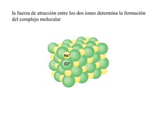 la fuerza de atracción entre los dos iones determina la formación
del complejo molecular
 
