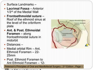  Surface Landmarks –
 Lacrimal Fossa – Anterior
1/3rd of the Medial Wall
 Frontoethmoidal suture –
Roof of the ethmoid sinus at
the level of the cribriform
plate
 Ant. & Post. Ethmoidal
Foramen – along
frontoethmoidal suture in
midorbit
 Distances –
 Medial orbital Rim – Ant.
Ethmoid Foramen – 22-
25mm
 Post. Ethmoid Foramen to
Ant Ethmoid Foramen – 12-
15mmPeterson’s Principles of Oral and Maxillofacial Surgery ; 2nd Edition ; Page –
 