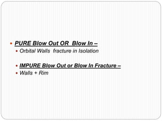  PURE Blow Out OR Blow In –
 Orbital Walls fracture in Isolation
 IMPURE Blow Out or Blow In Fracture –
 Walls + Rim
 