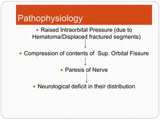 Pathophysiology
 Raised Intraorbital Pressure (due to
Hematoma/Displaced fractured segments)
 Compression of contents of Sup. Orbital Fissure
 Paresis of Nerve
 Neurological deficit in their distribution
 
