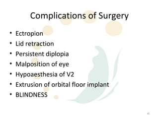 Complications of Surgery
•   Ectropion
•   Lid retraction
•   Persistent diplopia
•   Malposition of eye
•   Hypoaesthesia of V2
•   Extrusion of orbital floor implant
•   BLINDNESS

                                         45
 