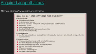 Acquired anophthalmos
After enucleation/evisceration/exenteration
 