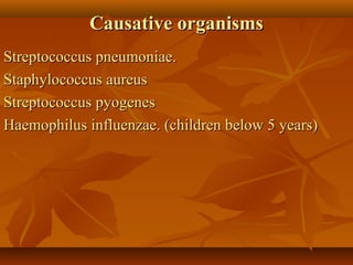 CCaauussaattiivvee oorrggaanniissmmss 
SSttrreeppttooccooccccuuss ppnneeuummoonniiaaee.. 
SSttaapphhyyllooccooccccuuss aauurreeuuss 
SSttrreeppttooccooccccuuss ppyyooggeenneess 
HHaaeemmoopphhiilluuss iinnfflluueennzzaaee.. ((cchhiillddrreenn bbeellooww 55 yyeeaarrss)) 
 