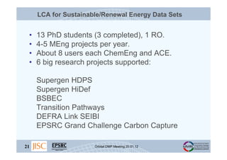 LCA for Sustainable/Renewal Energy Data Sets


 •   13 PhD students (3 completed), 1 RO.
 •   4-5 MEng projects per year.
...