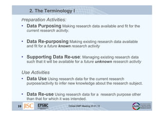 2. The Terminology I
     Preparation Activities:
     • Data Purposing Making research data available and fit for the
   ...