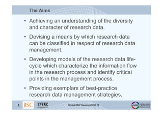 The Aims

    • Achieving an understanding of the diversity
      and character of research data.
    • Devising a means b...