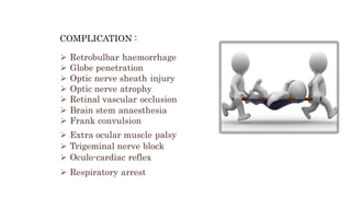 COMPLICATION :
 Retrobulbar haemorrhage
 Globe penetration
 Optic nerve sheath injury
 Optic nerve atrophy
 Retinal vascular occlusion
 Brain stem anaesthesia
 Frank convulsion
 Extra ocular muscle palsy
 Trigeminal nerve block
 Oculo-cardiac reflex
 Respiratory arrest
 