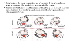  Knowledge of the main compartments of the orbit & their boundaries
helps in choosing the most direct approach to the tumor .
 As most orbital tumors tend to remain within the space in which they are
formed unless they are large ,malignant or infiltrative pseudotumor
which spreads beyond
 