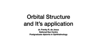 Orbital Structure
and It’s application
dr. Frenky R. de Jesus
National Eye Centre
Postgraduate diploma in Ophthalmology
 