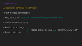 Complications :
Decreased or complete loss of vision
- Most dreaded complication
- May be due to - Excessive traction on the globe or optic nerve
- Contusion of optic nerve
- Post op hemorrhage
Raised orbital pressure Ischemic injury to ON
- Post op infection
 