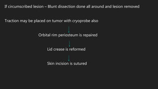 If circumscribed lesion – Blunt dissection done all around and lesion removed
Traction may be placed on tumor with cryoprobe also
Orbital rim periosteum is repaired
Lid crease is reformed
Skin incision is sutured
 