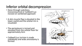 Inferior orbital decompression
• Done through subciliary,
transconjuctival or Caldwell-Luc
incision or combined approach
• A skin-muscle flap is elevated in the
lower eyelid and the orbital rim is
visualized
• The periosteum is incised and
elevated from the orbital floor for
approximately 4cm
• Caldwell-Luc incision is made
sublabially and wide antrostomy is
formed
• .
 