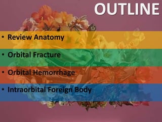 OUTLINE
• Review Anatomy
• Orbital Hemorrhage
• Orbital Fracture
• Intraorbital Foreign Body
 