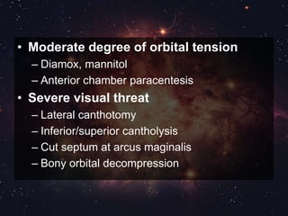 • Moderate degree of orbital tension
– Diamox, mannitol
– Anterior chamber paracentesis
• Severe visual threat
– Lateral canthotomy
– Inferior/superior cantholysis
– Cut septum at arcus maginalis
– Bony orbital decompression
 