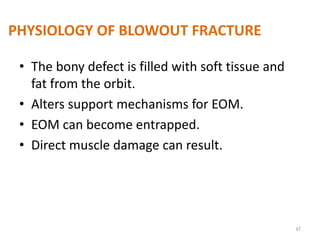 PHYSIOLOGY OF BLOWOUT FRACTURE
• The bony defect is filled with soft tissue and
fat from the orbit.
• Alters support mechanisms for EOM.
• EOM can become entrapped.
• Direct muscle damage can result.
47
 