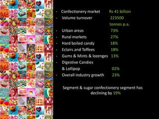 - Confectionery market      Rs 41 billion
- Volume turnover           223500
                            tonnes p.a.
-   Urban areas              73%
-   Rural markets            27%
-   Hard boiled candy       18%
-   Eclairs and Toffees      18%
-   Gums & Mints & lozenges 13%
-   Digestive Candies
    & Lollipop                02%
-   Overall industry growth   23%

    Segment & sugar confectionery segment has
                 declining by 19%
 