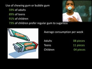 Use of chewing gum or bubble gum
  59% of adults
  89% of teens
  91% of children
  73% of children prefer regular gum to sugarless

                              Average consumption per week

                              Adults                08 pieces
                              Teens                 11 pieces
                              Children              04 pieces
 