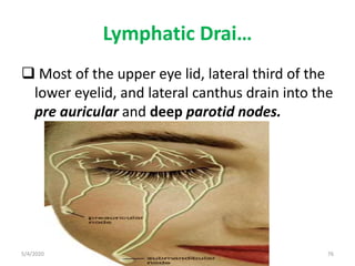 Lymphatic Drai…
 Most of the upper eye lid, lateral third of the
lower eyelid, and lateral canthus drain into the
pre auricular and deep parotid nodes.
5/4/2020 76
 