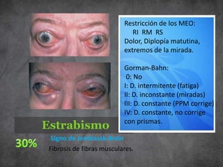 Estrabismo
Restricción de los MEO:
RI RM RS
Dolor, Diplopía matutina,
extremos de la mirada.
Gorman-Bahn:
0: No
I: D. intermitente (fatiga)
II: D. inconstante (miradas)
III: D. constante (PPM corrige)
IV: D. constante, no corrige
con prismas.
Fibrosis de fibras musculares.
Signo de Jendrassk-Brain
 