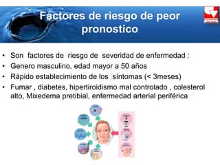 Factores de riesgo de peor
pronostico
• Son factores de riesgo de severidad de enfermedad :
• Genero masculino, edad mayor a 50 años
• Rápido establecimiento de los síntomas (< 3meses)
• Fumar , diabetes, hipertiroidismo mal controlado , colesterol
alto, Mixedema pretibial, enfermedad arterial periférica
 