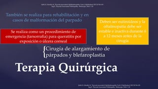 {
Terapia Quirúrgica
Cirugía de alargamiento de
párpados y blefaroplastia
Se realiza como un procedimiento de
emergencia (tarsorrafia) para queratitis por
exposición o úlcera corneal
Deben ser eutiroideos y la
oftalmopatía debe ser
estable e inactiva durante 6
a 12 meses antes de la
cirugía
También se realiza para rehabilitación y en
casos de malformación del parpado
Şahlı E, Gündüz K. Thyroid-associated Ophthalmopathy.Turk J Ophthalmol 2017;47:94-105
Ing E. Thyroid-Associated Orbitopathy. Medscape, 2016: 1 20
Şahlı E, Gündüz K. Thyroid-associated Ophthalmopathy.Turk J Ophthalmol 2017;47:94-105
Ing E. Thyroid-Associated Orbitopathy. Medscape, 2016: 1 20
 