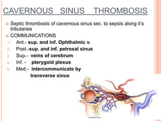 CAVERNOUS SINUS THROMBOSIS
 Septic thrombosis of cavernous sinus sec. to sepsis along it’s
tributaries
 COMMUNICATIONS
1. Ant.- sup. and inf. Ophthalmic v.
2. Post.-sup. and inf. petrosal sinus
3. Sup.- veins of cerebrum
4. Inf. - pterygoid plexus
5. Med.- intercommunicate by
transverse sinus
 