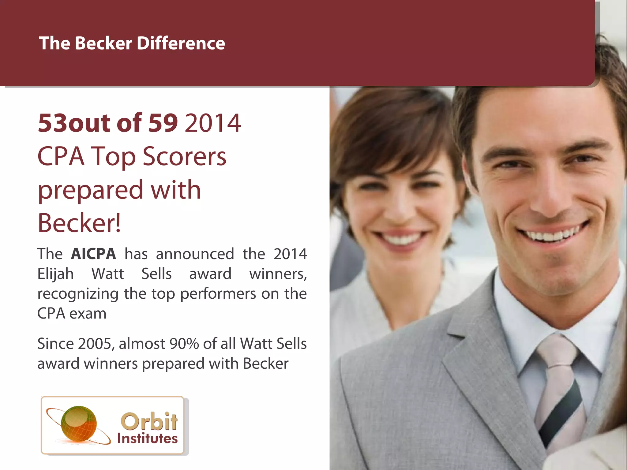 The Becker Difference
53out of 59 2014
CPA Top Scorers
prepared with
Becker!
The AICPA has announced the 2014
Elijah Watt Sells award winners,
recognizing the top performers on the
CPA exam
Since 2005, almost 90% of all Watt Sells
award winners prepared with Becker