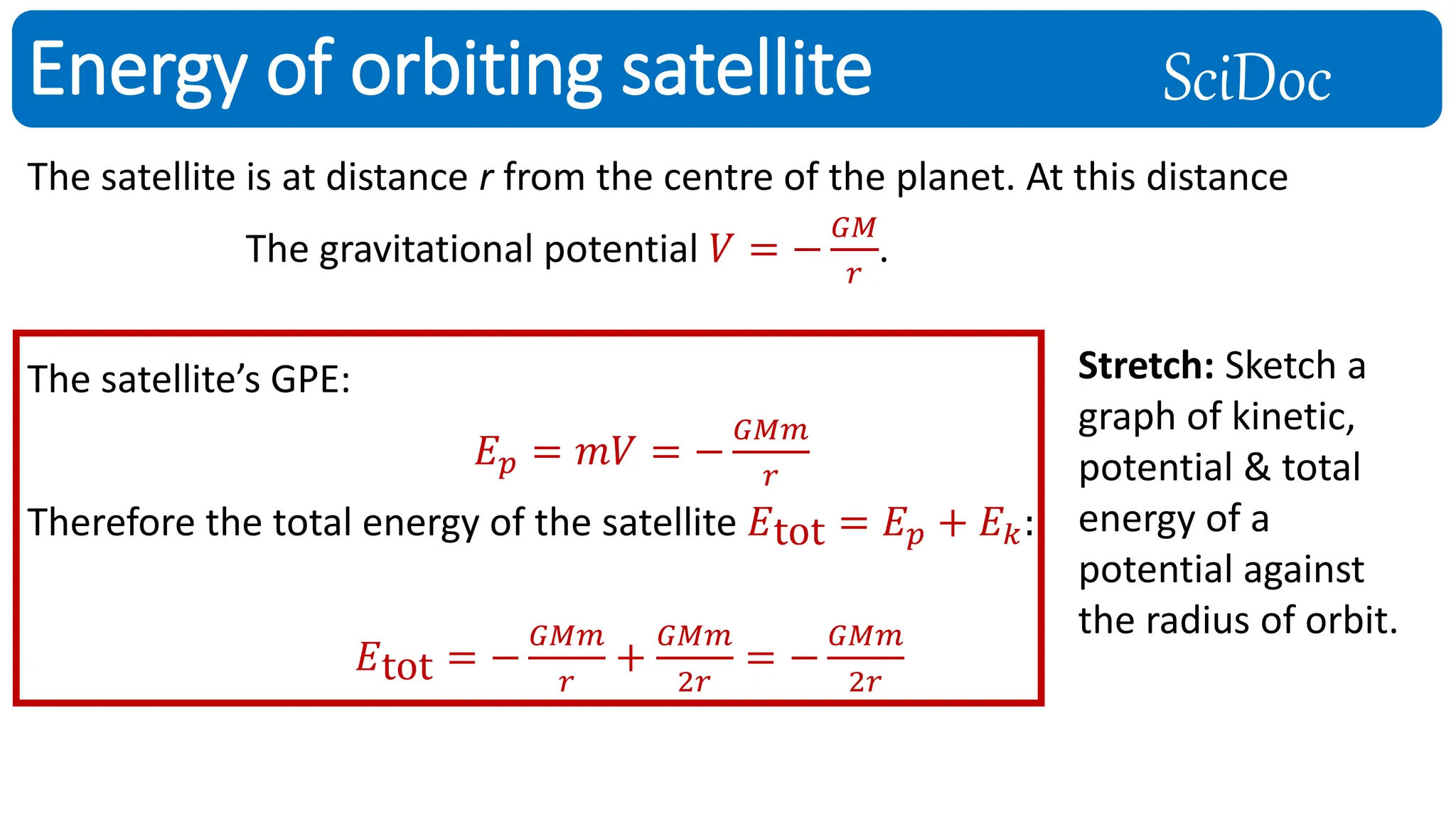 SciDoc
The satellite is at distance r from the centre of the planet. At this distance
The gravitational potential 𝑉 = −
𝐺𝑀
𝑟
.
The satellite’s GPE:
𝐸𝑝 = 𝑚𝑉 = −
𝐺𝑀𝑚
𝑟
Therefore the total energy of the satellite 𝐸tot = 𝐸𝑝 + 𝐸𝑘:
𝐸tot = −
𝐺𝑀𝑚
𝑟
+
𝐺𝑀𝑚
2𝑟
= −
𝐺𝑀𝑚
2𝑟
Energy of orbiting satellite
Stretch: Sketch a
graph of kinetic,
potential & total
energy of a
potential against
the radius of orbit.
 