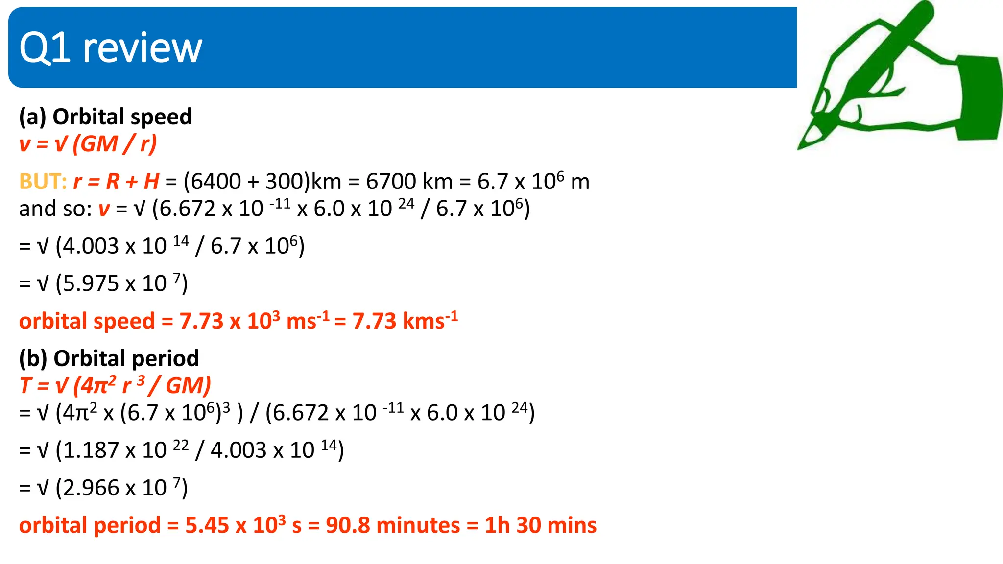 SciDoc
Q1 review
(a) Orbital speed
v = √ (GM / r)
BUT: r = R + H = (6400 + 300)km = 6700 km = 6.7 x 106 m
and so: v = √ (6.672 x 10 -11 x 6.0 x 10 24 / 6.7 x 106)
= √ (4.003 x 10 14 / 6.7 x 106)
= √ (5.975 x 10 7)
orbital speed = 7.73 x 103 ms-1 = 7.73 kms-1
(b) Orbital period
T = √ (4π2 r 3 / GM)
= √ (4π2 x (6.7 x 106)3 ) / (6.672 x 10 -11 x 6.0 x 10 24)
= √ (1.187 x 10 22 / 4.003 x 10 14)
= √ (2.966 x 10 7)
orbital period = 5.45 x 103 s = 90.8 minutes = 1h 30 mins
 