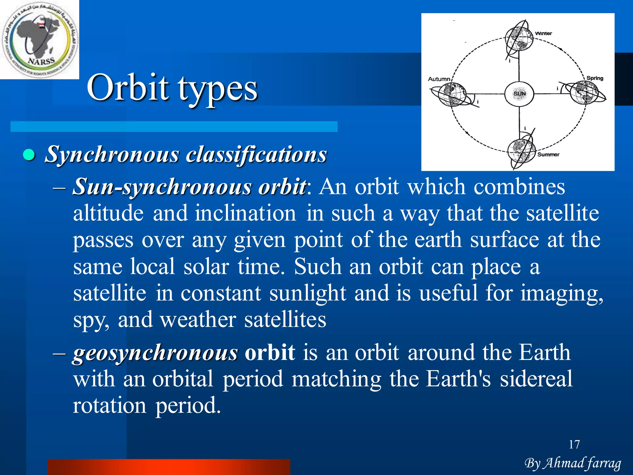 17 
By Ahmad farragOrbit types Synchronous classifications–Sun-synchronous orbit: An orbit which combines altitude and inclination in such a way that the satellite passes over any given point of the earth surface at the same local solar time. Such an orbit can place a satellite in constant sunlight and is useful for imaging, spy, and weather satellites–geosynchronousorbitis an orbit around the Earth with an orbital period matching the Earth's sidereal rotation period.  