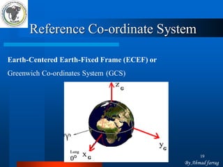 19 
Reference Co-ordinate System 
Earth-Centered Earth-Fixed Frame (ECEF) or 
Greenwich Co-ordinates System (GCS) 
By Ahmad farrag  