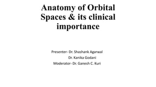 Anatomy of Orbital
Spaces & its clinical
importance
Presenter- Dr. Shashank Agarwal
Dr. Kanika Godani
Moderator- Dr. Ganesh C. Kuri
 