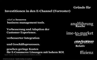 Relativ gesehen geringe Kosten  für E-Commerce Lösungen mit hohem ROI . Bedarf an  besseren business management tools . Rasche Verbesserung und Adaption der  Customer Experience. Bedarf nach  verbesserter Integration von Systemen und Geschäftsprozessen. Quelle: Forrester  Wave Q1: B2C E-Commerce Plattforms (02/2009) Gründe für Investitionen in den E-Channel (Forrester) Kanalführung Time-to-market Integration Effizienz © Unic AG, www.unic.com  |  Carpathia Consulting, www.carpathia.ch 