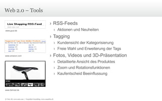 Web 2.0 – Tools RSS-Feeds Aktionen und Neuheiten Tagging Kundensicht der Kategorisierung Freie Wahl und Erweiterung der Tags Fotos, Videos und 3D-Präsentation Detaillierte Ansicht des Produktes Zoom und Rotationsfunktionen Kaufentscheid Beeinflussung www.amazon.com www.fahrrad.de www.guut.de © Unic AG, www.unic.com  |  Carpathia Consulting, www.carpathia.ch 