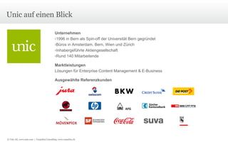 Unic auf einen Blick Unternehmen 1996 in Bern als Spin-off der Universität Bern gegründet Büros in Amsterdam, Bern, Wien und Zürich Inhabergeführte Aktiengesellschaft Rund 140 Mitarbeitende Marktleistungen Lösungen für Enterprise Content Management & E-Business Ausgewählte Referenzkunden © Unic AG, www.unic.com  |  Carpathia Consulting, www.carpathia.ch 