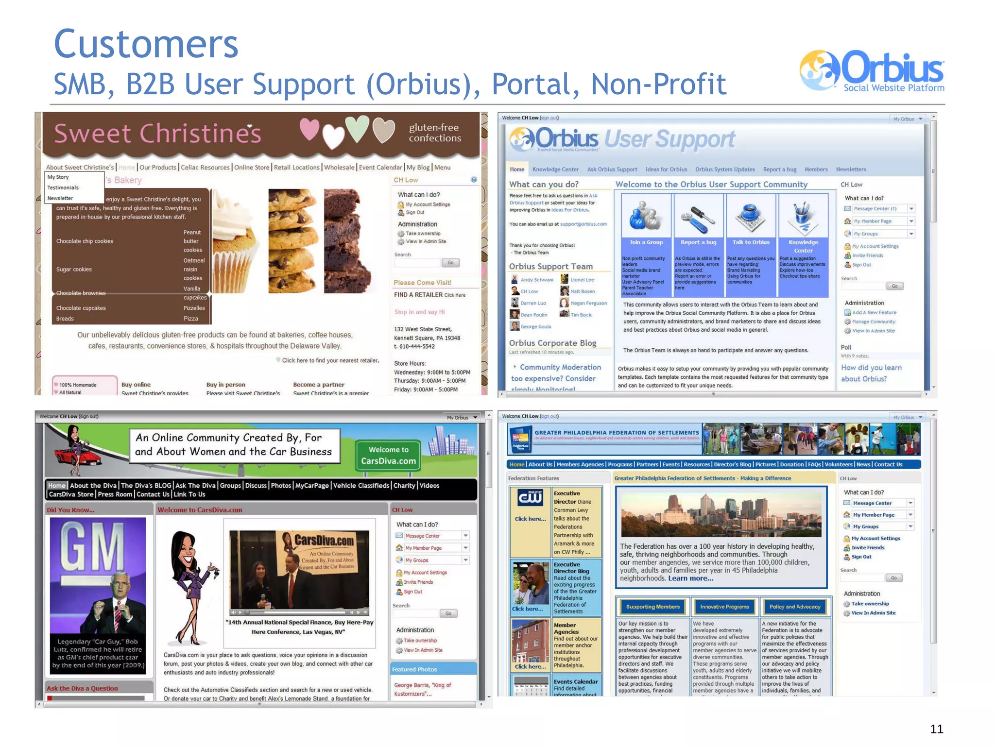 Customers  SMB, B2B User Support (Orbius), Portal, Non-Profit 