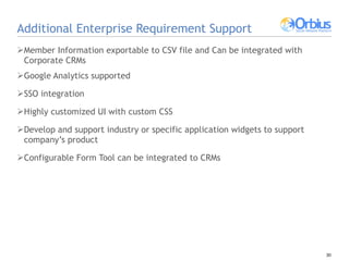 Additional Enterprise Requirement Support Member Information exportable to CSV file and Can be integrated with Corporate CRMs Google Analytics supported SSO integration Highly customized UI with custom CSS Develop and support industry or specific application widgets to support company’s product Configurable Form Tool can be integrated to CRMs 