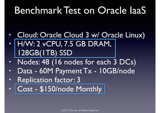 ©2017 Orb, Inc. All Rights Reserved
Benchmark Test on Oracle IaaS
• Cloud: Oracle Cloud 3 w/ Oracle Linux)
• H/W: 2 vCPU, 7.5 GB DRAM,
128GB(1TB) SSD
• Nodes: 48 (16 nodes for each 3 DCs)
• Data - 60M Payment Tx - 10GB/node
• Replication factor: 3
• Cost - $150/node Monthly
 