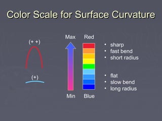Color Scale for Surface CurvatureColor Scale for Surface Curvature
• sharp
• fast bend
• short radius
• flat
• slow bend
• long radius
(+ +)
(+)
Red
BlueMin
Max
 